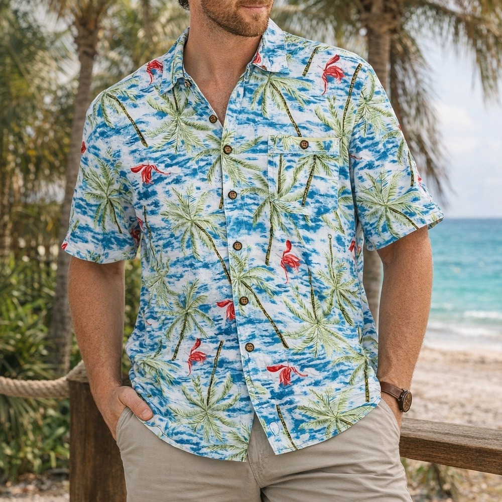 M.E.‎ Sport Shirt Tropical Palm Tree Floral Rayon Button Down Hawaiian XL